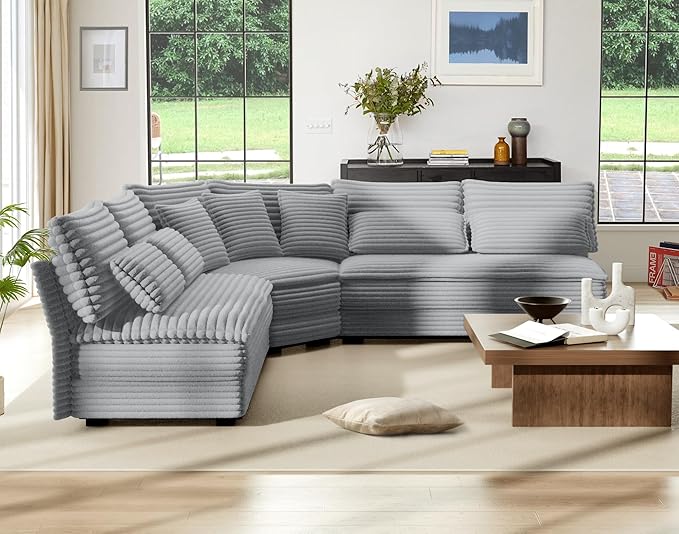 5-Seater Sectional Couch 102 L-Shaped Corner Sofa Oversized Corduroy Cloud Couch with 2-Layer Cushions V Shape Sofa for Living Room Aparment (LightGrey)