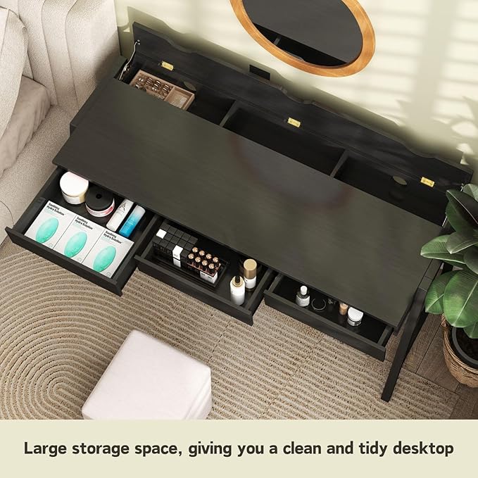 Black Wood Desk with Drawers Home Office Desk Mid Century Modern Writing Table for Bedroom Vanity Living Room Study Workstation
