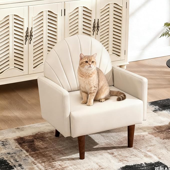 PU Accent Chairs for Living Room with High-Density Foam Cushion Mid-Century Single Sofa Armchair with Solid Wood Legs Upholstered Reading Chair for Bedroom Home Office (Shell Khaki 4 Set)