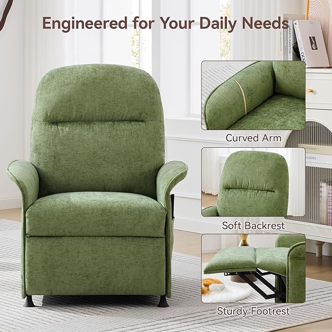 Power Recliner Chair for Adults Modern Reclining Single Sofa with Curved Armrest Comfy Ergonomics Electric Recliner with Side Pockets Adjustable Reading Chair for Living Room Bedroom Chenille Green