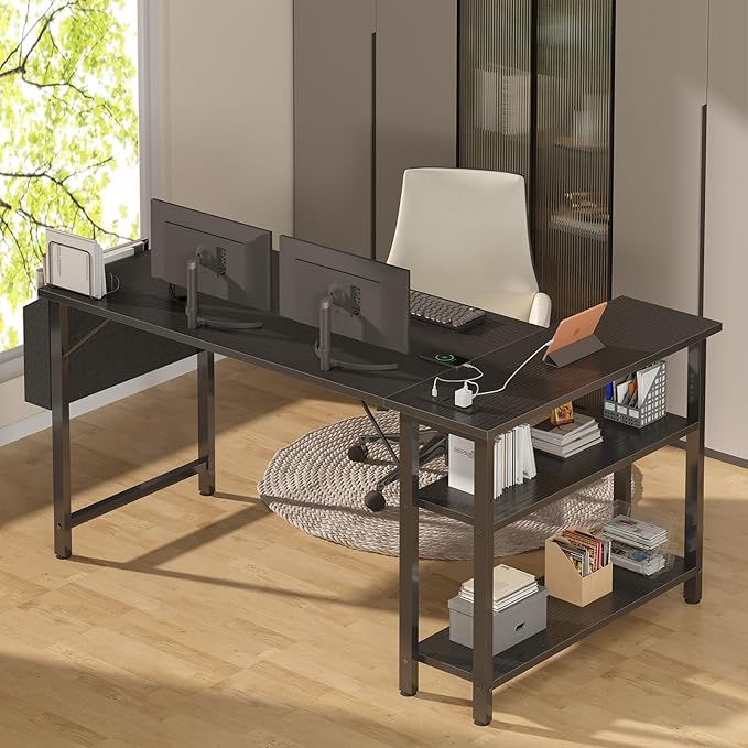 Lufeiya L Shaped Computer Desk with Power Outlet Shelves 47 Inch Corner Desk for Home Office Bedroom L-Shaped Study Writing Working PC Desks Black