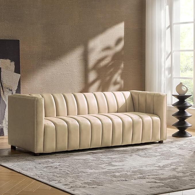 HULALA HOME 83 Genuine Leather Sofa with Channel Tufted Design 3-Seater Sofa for Living Room Bedroom Modern Oversized Couch with Wood Legs Beige