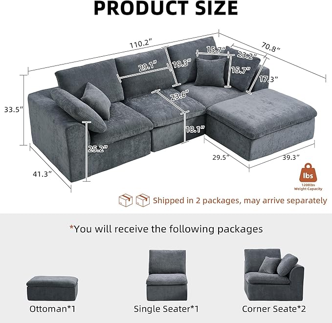 Boneless Couch with Ottoman 110 L-Shaped Cloud Sectional Sofa Modular Convertible Cloud Couch for Living Room Deep Seat Chenille Set (Dark Gray 3 Seater + 1 Ottoman)