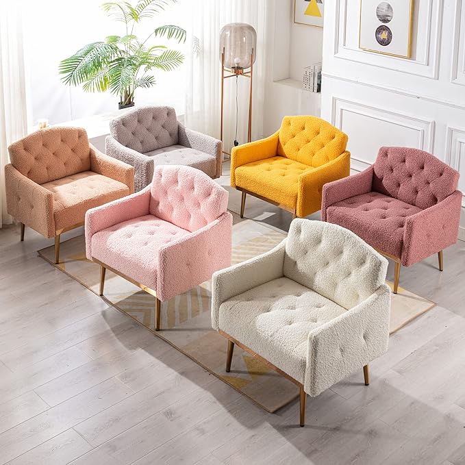 Modern Teddy Fabric Accent ChairUpholstered Button-Tufted Single SofaComfy Armchair Chair with Rose Golden Legsfor Living Room Bedroom Home Office (Brush Pink)