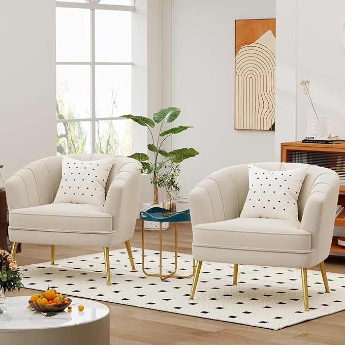 Velvet Accent Chairs for Living Room Bedroom Office Leisure Upholstered Single Sofa Chair Arm Chair Comfy Chair Reading Club Coffee Chair with Metal Legs Beige