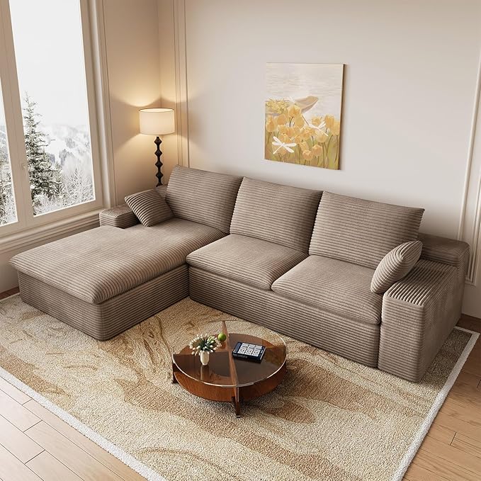 107 Cloud Couch Modular Sectional Couchs with Chaise Lounge L-Shape Boneless Couches for Living Room Corduroy Sofa with Deep Seat No Assembly Required (Camel Left Facing Chaise)