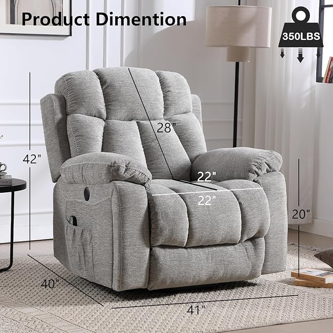 CANMOV Large Power Lift Recliner Chairs with Massage and Heat for Elderly Big People Heavy Duty Motion Reclining Mechanism-Anti Skid Fabric Recliner Chair with 2 Concealed Cup Holders Smoke Gray