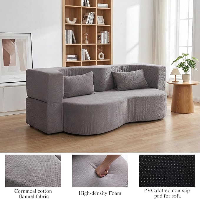 2-in-1 Folding Convertible Sofa Bed - 78 Inch Boneless Teddy Loveseat Sleeper Foldable Floor Futon Couch with Pillow Pull-Out Modular Matress for Small Spaces (Living Room/Bedroom/Dorm) (Gray)