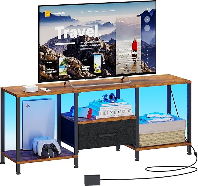 TV Stand with LED Lights Entertainment Center with Open Shelves and Fabric Drawer Media Console for 55 Inch TV Television Stands Living Room Furniture Bedroom Rustic Brown