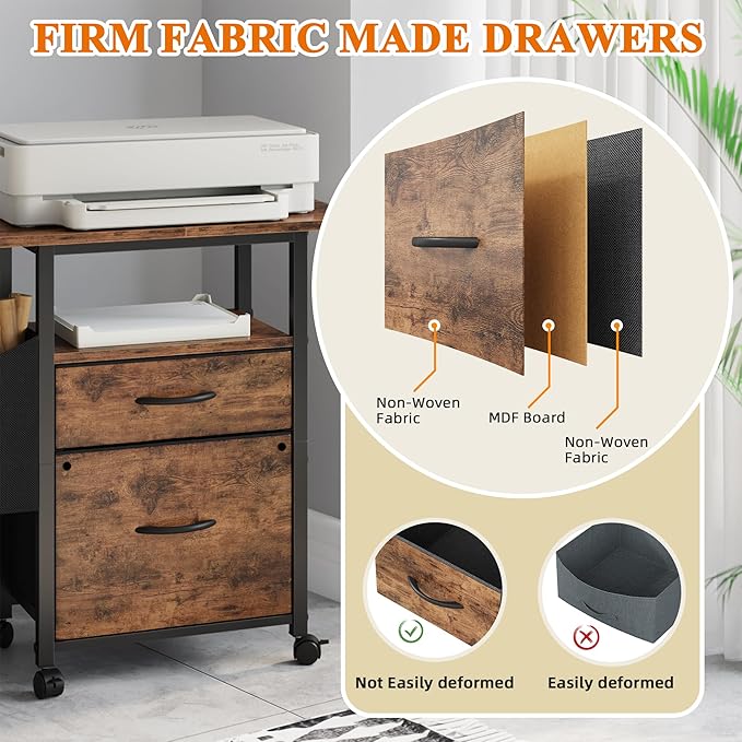 GYIIYUO 2 Drawer File Cabinet with 24'' Extended Desktop Mobile Filing Cabinet Rolling File Cabinet with Side Bag Fabric Drawer Fits A4/Letter Size Printer Stand Home Office Light Brown