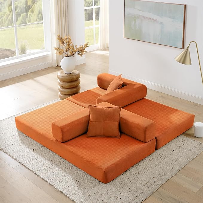 Folding Sofa Bed Convertible Sleeper Sofa Bed with Gold Fixed-Shape Frame Corduroy Floor Couch Lazy Compression Sofa for Living Room Bedroom Home Theater Orange
