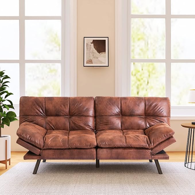 Vyfipt Futon Sofa Bed/Couch Memory Foam Small Splitback Sofa for Living RoomModern Loveseat with Covertible ArmrestsFaux Leather/Cushion Thicker Version(Brown)