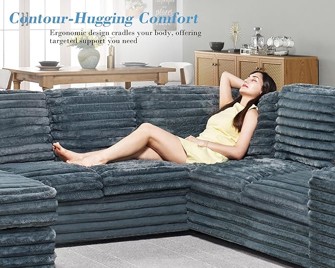 PaPaJet U Shaped Couch 112 Inch Oversized Couch with Storage Sectional Sofa with Cup Holders &amp 2 USB Ports Faux Fur Dark Grey Sofa