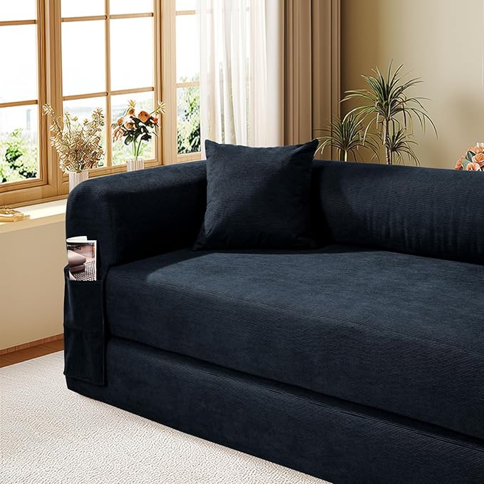 Convertible Futon Sofa Bed80 Folding Pull Out Couch Bed with StorageQueen Sleeper Sofa BedCompressed Couch in a BoxCorduroy Boneless Couches for Living RoomDeep Blue