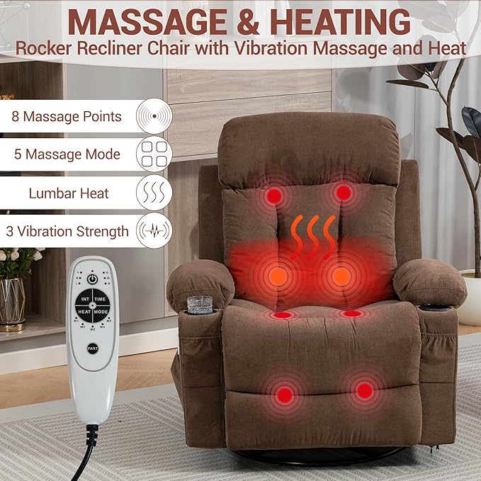 360° Swivel Rocking Chair Rocker Recliner Chair with Vibration Massage and Heat Ergonomic Lounge Chairs with Rocking Function and Side Pocket Cup Holders Brown