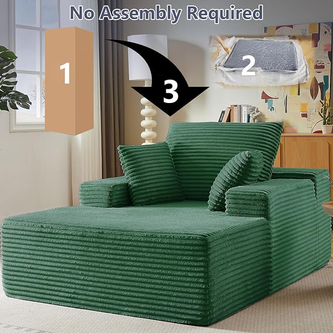 49.2 Oversized Chaise Lounge Chair Indoor Modern Upholstered Deep Seat Sofa Bed Sleeper Couch Reading Chairs Comfy Corduroy Cloud Sofas Couches for Living Room No Assembly Green