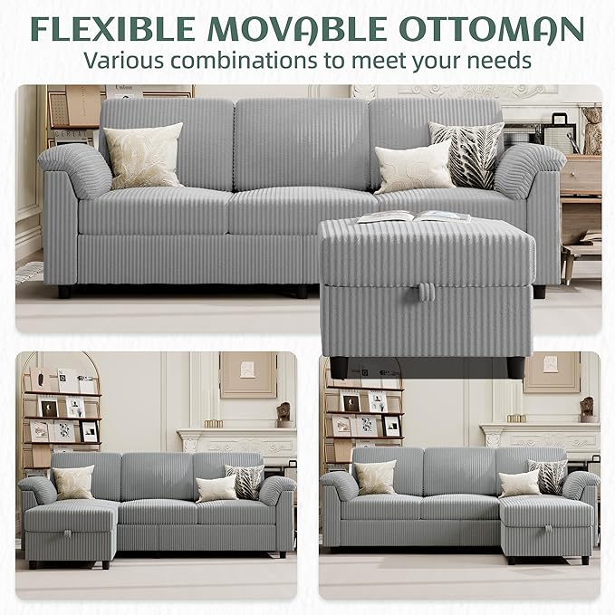Vongrasig 79 Convertible Sectional Couch Sofa with Storage Ottoman 3 Seat L Shaped Couch with Side Storage Pockage Small Couches for Living Room Apartment and Small Space (Light Grey)