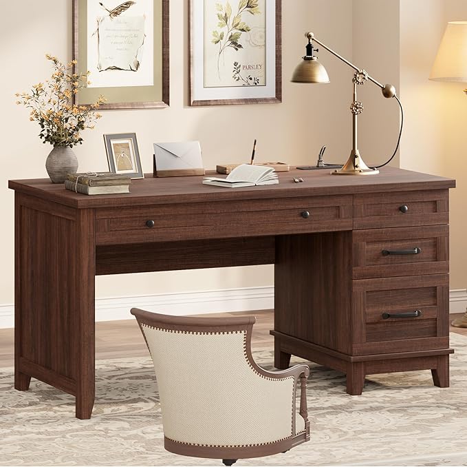 IDEALHOUSE Rustic Wood Double Desk with Built-in Charging Station &amp 4 File Drawers Spacious 2-Person Writing Table for Home Office Heavy-Duty Dual Workstation for Study &amp Work Brown