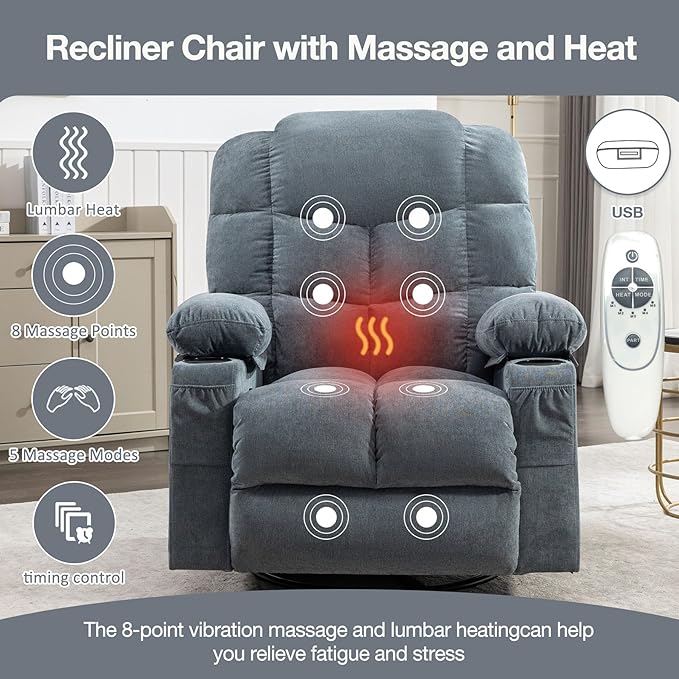 360 Swivel Massage Boy Recliner Chair with 2 Cup Holders Heated &amp Massage Function Adjustable Backrest USB Port &amp 2 Side Pockets for Adults (Blue)