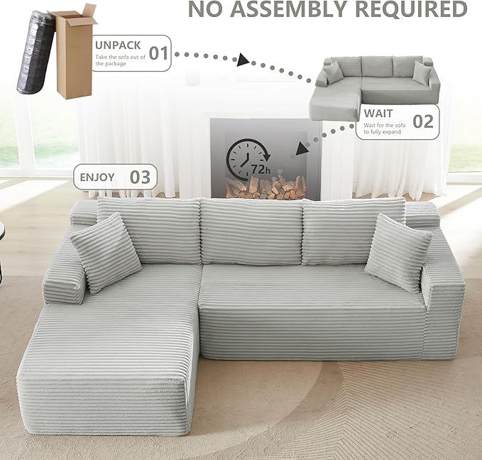 GNIXUU Cloud Sectional Couch with L-Shape Chaise Modern Modular Sofa with Deep Seat Comfy Corduroy Boneless Couches for Living Room Bedroom Apartments No Assembly Required Light Gray