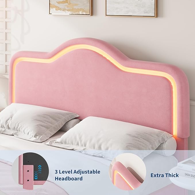 IDEALHOUSE Queen Size Bed Frame with LED Lights Velvet Upholstered Platform Bed with Adjustable Headboard for Kids/Girls Wooden Slats Support No Box Spring Needed Pink