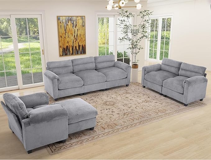 Corduroy Sofa Set Upholstered Armchair Set of 2 and 3-Seater Sofa with Plush Cushions and Rolled Arms Modern Living Room Furniture SetsGrey