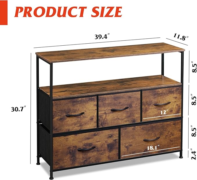 WLIVE Dresser for Bedroom with 5 DrawersFabric Dresser TV Stand with Charging Station Chest of Drawer with Open Shelves for 45 inch TVfor Living RoomEntryway Charcoal Black Wood Grain Print
