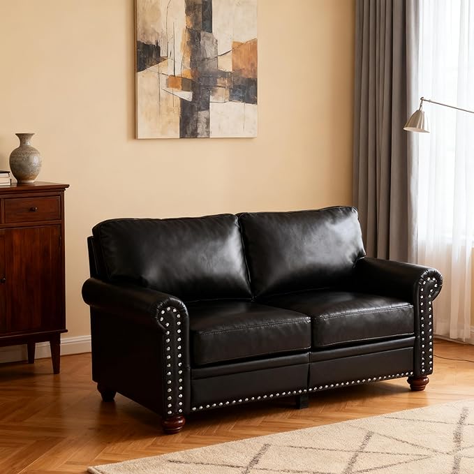 Loveseat Velvet Fabric Two- Seater Couch Buckle Design and Rivet Decoration Deep Seated Double Sofa Suitable for Living Room Bedroom Apartment Hotel etc (black-07)