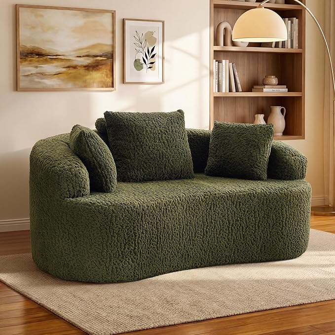 Curved Couch Loveseat Sofa Luxury Deep Seat Loveseat Sofa Couch for Small Place Modern Cloud Couch Floor Couch with 3 Pillows for Living Room &amp Bedroom No Assembly Required (Green)