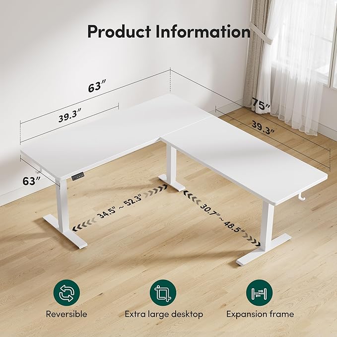 FEZIBO 75 x 63 L Shaped Standing Desk Adjustable Height 75 Inch Electric Stand up Corner Computer Desk Sit Stand Home Office Desk with Splice Board White