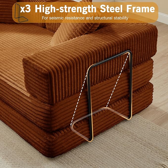 81'' Futon Sofa Bed Folding Floor Couch Bed Corduroy Fabric Boneless Couch Compressed Boneless Sofa in a Box Comfy Sleeper for Living Room-Orange