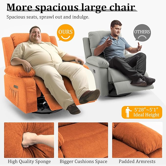 Power Recliner Chair Electric Rocker Recliner with Massage and Heat 270° Swivel Glider Oversized Wide Seat with USB Port Cashmere Nursery Chair for Living Room Orange