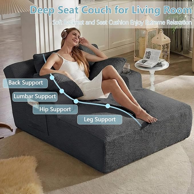 49.2Oversized Chaise Lounge Chair IndoorFaux Fur Boneless Reading Chair with Cup Holder&ampSide PocketsCloud Sofa BedComfy Modern Sleeper Chairs in Box for Living RoomNo Assembly(Dark Grey)