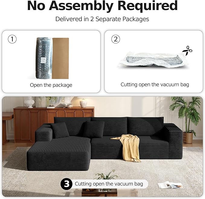 MoonSpeak 107 Sectional Boneless Couches for Living Room.Deep Seat Corduroy L Shaped Modular Sofa.Cloud Sectional Sofa.Upholstered Couches with Oversized Chaise(BlackLeft Chaise)