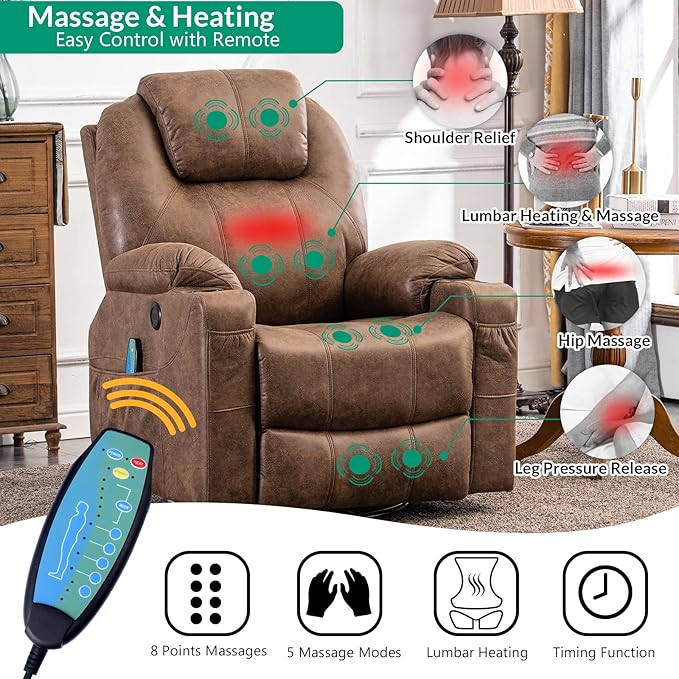 VIVIJASON Manual Massage Rocker Recliner Chair 360° Swivel Glider Lounge Chair with Heat Ergonomic Home Theater Recliner Sofa with 2 Cup Holders Side Pockets &amp USB Ports for Living Room Brown