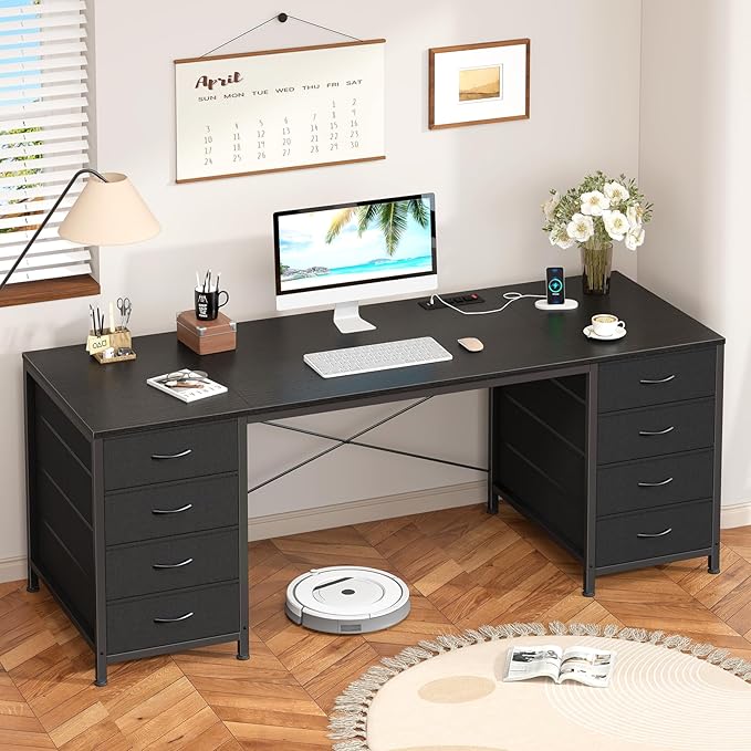 60 Inch Computer Desk with 8 Drawers Home Office Desk with Power Outlets Work Study Gaming Desk with 8 Fabric Drawers Black