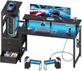 DUMOS L Shaped Gaming Desk with Shelves Storage Drawers 52'' Black Computer Desks with LED Lights Power Outlets Office Wood Table with PC Stand Cable Management for Bedroom Dual Monitor Streaming