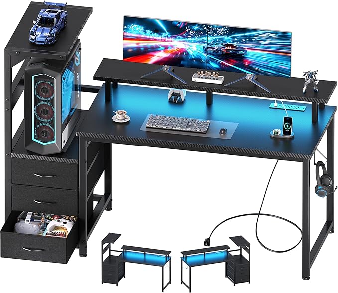 NEWBULIG Computer Gaming Desk with USB Charging Ports &amp LED Light 52inch Home Office Desk with Storage Shelves &amp Monitor Stand Work Study Corner Table with Drawer Carbon Fiber Black