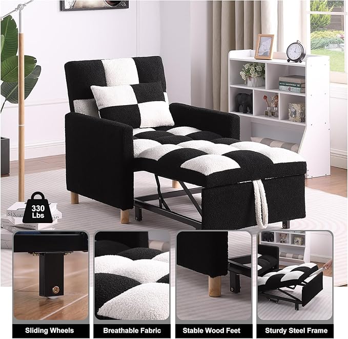 3-in-1 Convertible Chair Bed Single Sofa Bed Pull Out Sleeper with Adjustable Backrest Lounger for Living Room (Black White)