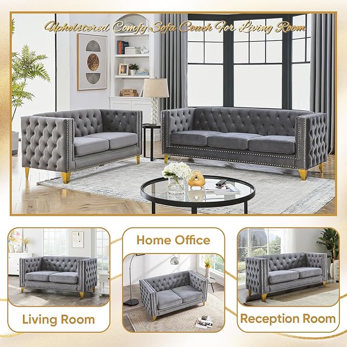 58-Inch Velvet Loveseat Sofa Comfy Couch for Living Room Modern Sofa with Tufted Back and Rivet Decoration Upholstered Small Love Seat with Solid Golden Metal Tapered Legs Grey