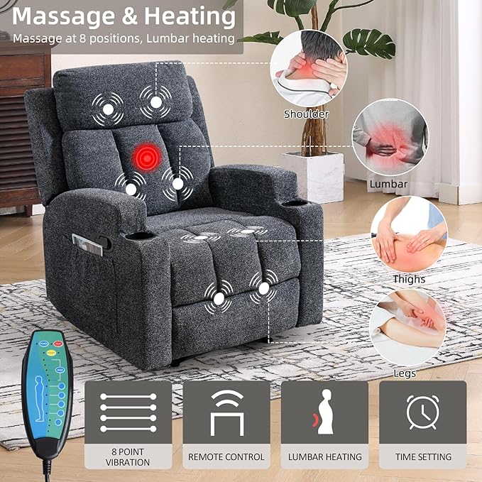 2PCS Fabric Manual Recliner Chair for Adults Comfy Reclining Chairs with Overstuffed Arm and Back Single Sofa for Living Room (2 Dark Grey)