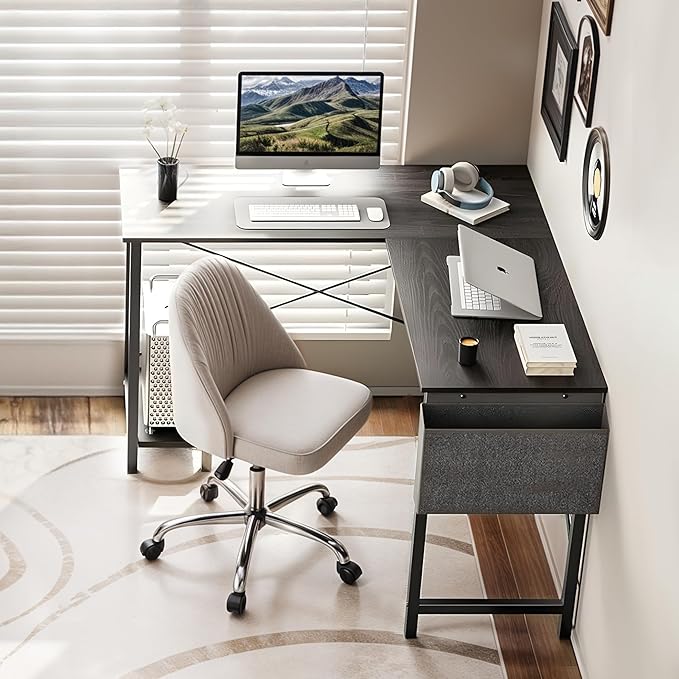 50 Inches L Shaped Home Office Computer Desk Reversible Corner Table PC with Wood Tabletop Metal Frame CPU Stand Side Bag for Gaming Working and Studying Black