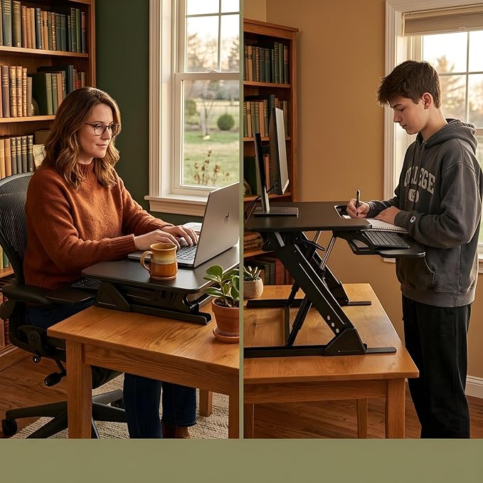 Standing Desk Converter 36 x 24 Inches - Height Adjustable Sit to Stand Riser with Keyboard Tray Ergonomic Workstation for Home Office Black