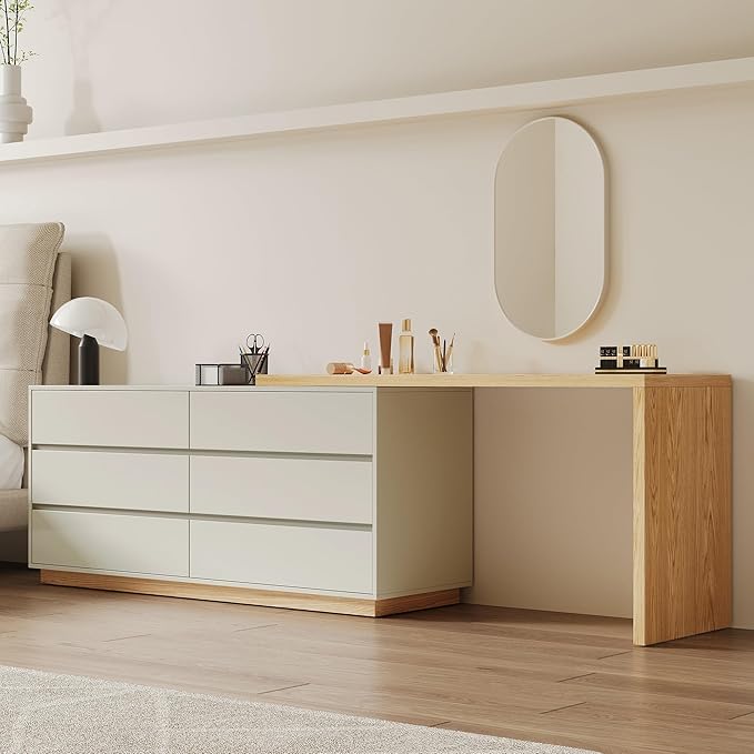 Mid - Century Modern Stretchable L-Shaped Desk with Drawers 56 to 98.5 Extendable Writing Desk with Storage for Home Office Bedroom &amp Living Room Beige