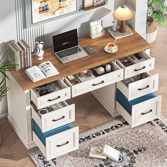 Vabches Farmhouse 59'' Executive Desk with File DrawersLarge Wood Home Office Workstation with Ample StorageRustic Writing Desk for Study.