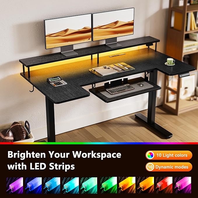 OffiGo U Shaped Electric Standing Desk with Keyboard Tray 55 Inch Height Adjustable Desk with Power Outlets &amp LED Lights Sit Stand Table with Monitor Stand for Home Office Black