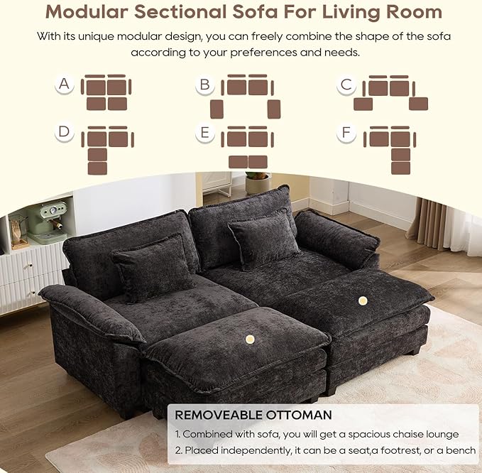 IPKIG 82.6 Sectional Sofa Cloud Couch Modern Chenille Comfy Upholstered 2-Seat Sofa with 2 Ottoman 2 Lumbar Pillow Deep Seat Modular Couch for Living Room Apartment Office Studio (Black) | 2 La