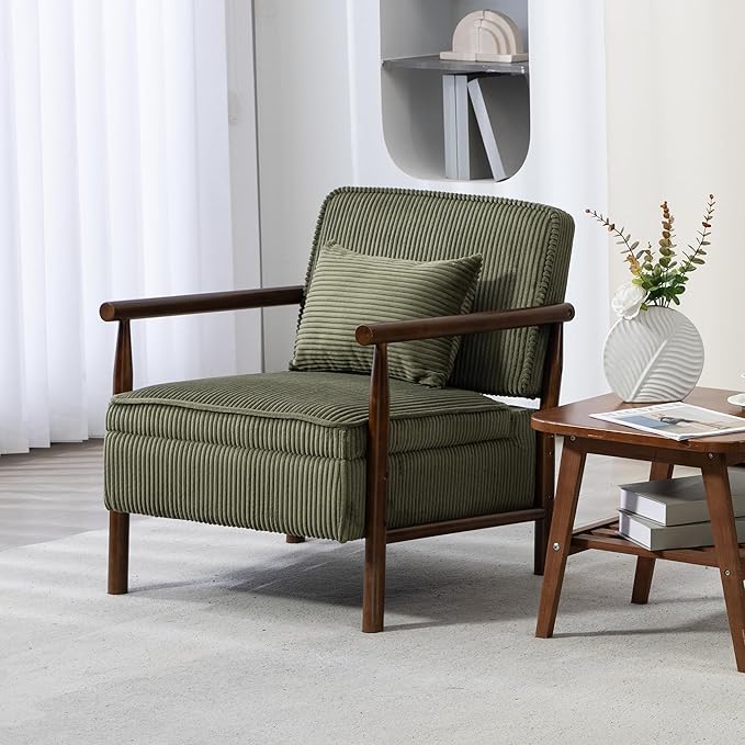 Accent Chair Comfy Modern Mid-Century Accent Chairs with Storage Corduroy Upholstered Lounge Armchair with Solid Wood Reading Side Single Sofa for Living Room/Office/Balcony/Bedroom-Green
