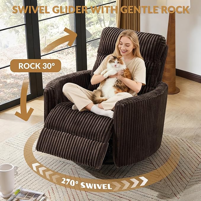 GRAINELL Oversize Power Swivel Recliner 40in Wide Electric Glider Rocking Chair with Headrest Adjustment USB Port 270° Swivel Rock 30°– for Living Room Nursery Golden Brown(57' to 61' Height)