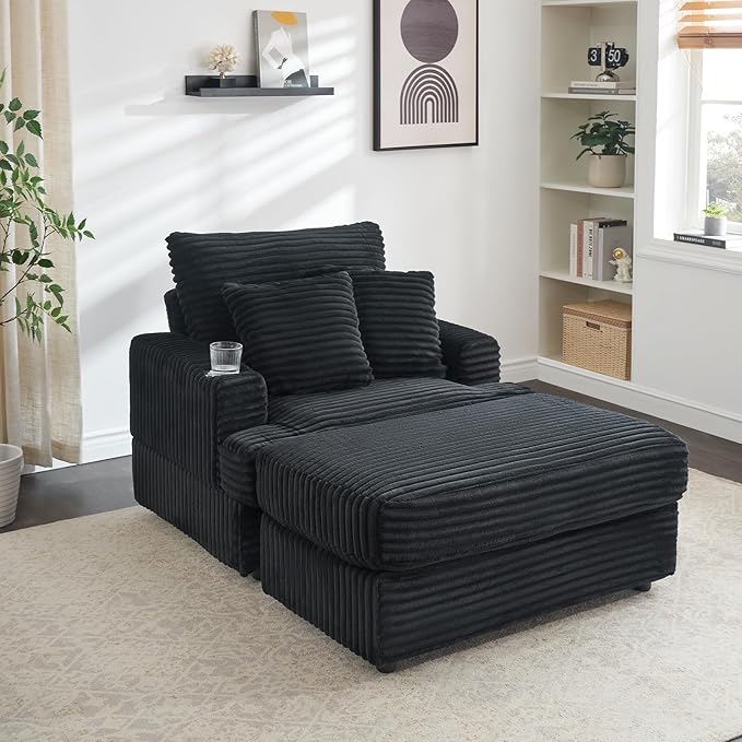 Chaise Lounge Chair Indoor 39 W Plush Corduroy Oversized Chair with Ottoman Upholstered Cozy Chaise with Cup Holder Modern Deep Seat Comfy Sofa Armchair for Living Room Bedroom(Black)